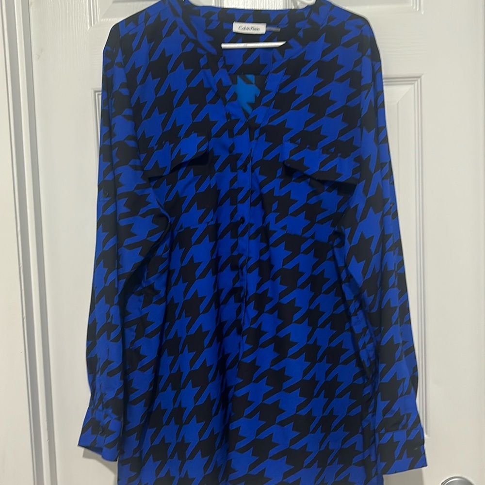 Calvin Klein Women 2Xl Houndstooth Roll Tab Sleeve Military Style Top Blue Black